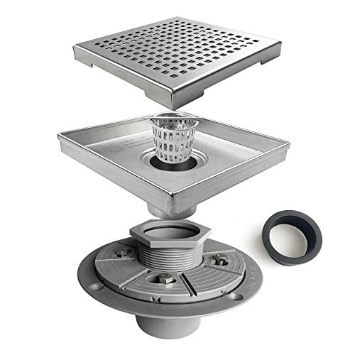 Neodrain 6-Inch Square Shower Drain with Removable Quadrato Pattern Grate,PVC Shower Drain Base and Rubber Gasket for Bathroom Floor Drain, Brushed 304 Stainless Steel, Includes Hair Straine