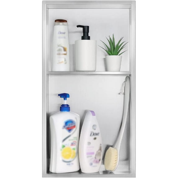 Neodrain No Tile Shower Niche, Stainless Steel Bathroom Shelf 25.1"x13.1" (Inner Size 24" X 12"), Two-Tier Stainless Niche, Bathroom Niche Cubby for Storage, No Tile Needed Recessed, (Brushed)