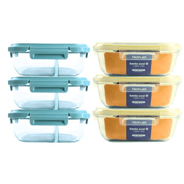 Neoflam 12-Pieces Airtight Kitchen Storage with Lid, Oval Bento Glass Food Container with Vent, Microwave Meal Prep Canister, Dishwasher and Oven Safe (37oz, 39oz Set)