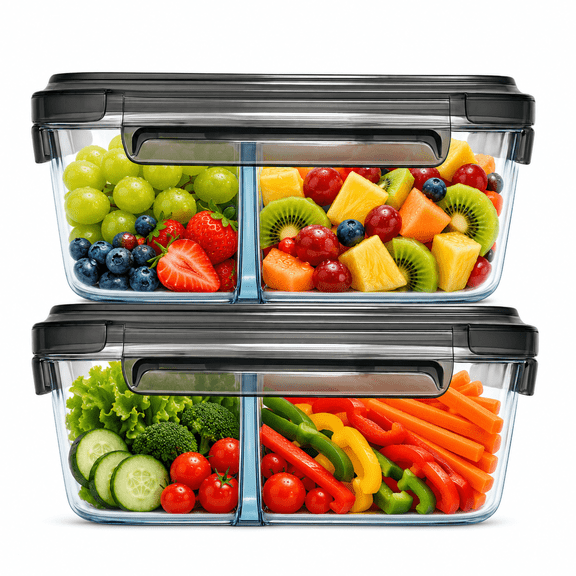 Neoflam 2 Compartment Glass Food Container Set of 2 with Airtight Lid – Divided Reusable Meal Storage Box, Microwave, Oven & Dishwasher Safe (34 oz, 1 Liter, 4.3 cups)