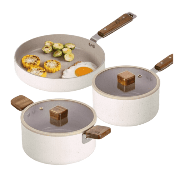 Neoflam Bien 5-Piece Kitchen Nonstick Cookware Set with Lid, Healthy Cooking Ceramic Coating Pan with Wood Handle, Pot with Lid, Fast Full Induction Compatible Kitchenware, Made in Korea