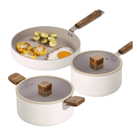 Neoflam Bien 5-Piece Kitchen Nonstick Cookware Set with Lid, Healthy Cooking Ceramic Coating Pan with Wood Handle, Pot with Lid, Fast Full Induction Compatible Kitchenware, Made in Korea