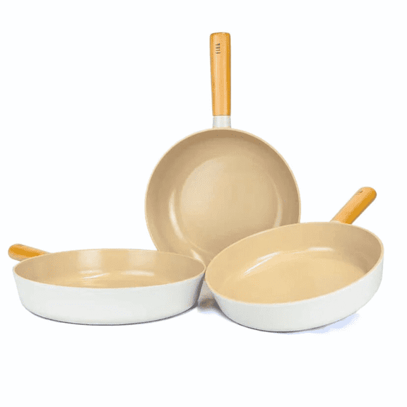 Neoflam FIKA 3 Piece Nonstick Kitchen Essential Stir Frying Pan Wok Set with Wood Handle, All Stovetop Skillet, Made in Korea