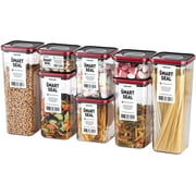 Neoflam Smart Seal 8pc Patent Airtight Kitchen Pantry Canister/Organizer Clear Plastic Container & Simple Twist, 100% Leak Proof, Dishwasher Safe, BPA Free, Dry Food Storage Set, Square, Black/Red Lid