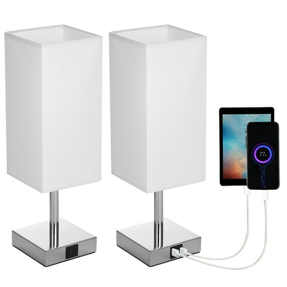 Neoglint 2 Packs Fabric Bedside Table Lamp Nightstand Lamp with Warm White LED Bulb Desk Light Touch Control USB A Type-C Charging Ports 3 Levels Dimmable for Living Room Bedroom Study Room Cafe Shop