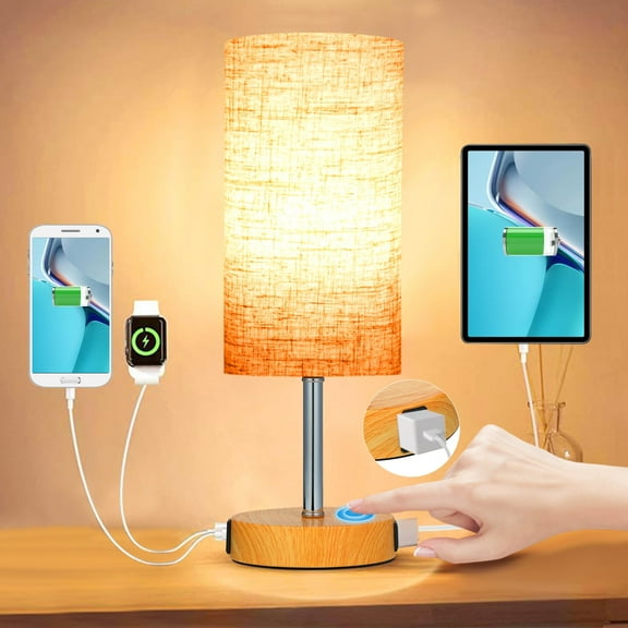 Neoglint Bedside Lamp Touch Control Table Lamp with 2 USB Charging Ports and AC Outlet, 3 Way Dimmable Nightstand Lamp with Round Flaxen Fabric Shade for Living Room, Bedroom, Home Office