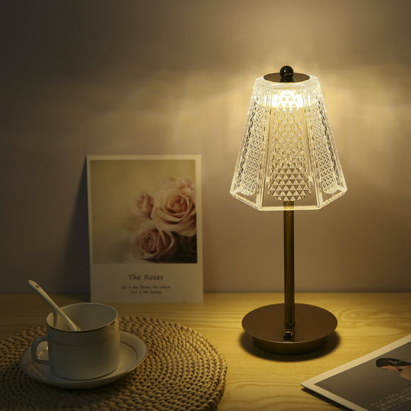 Neoglint Cordless Table Lamps Diamond Crystal Bedside Lamp, 3 Colors & Stepless Dimmable LED Touch Lamp Gold Metal Lamp for Bedroom Living Room
