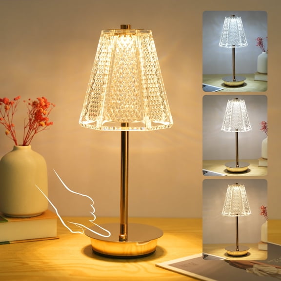 Neoglint Cordless Touch Table Lamps with Crystal Glass, 3 Colors & Stepless Dimmable LED Bedside Lamp for Bedroom Living Room