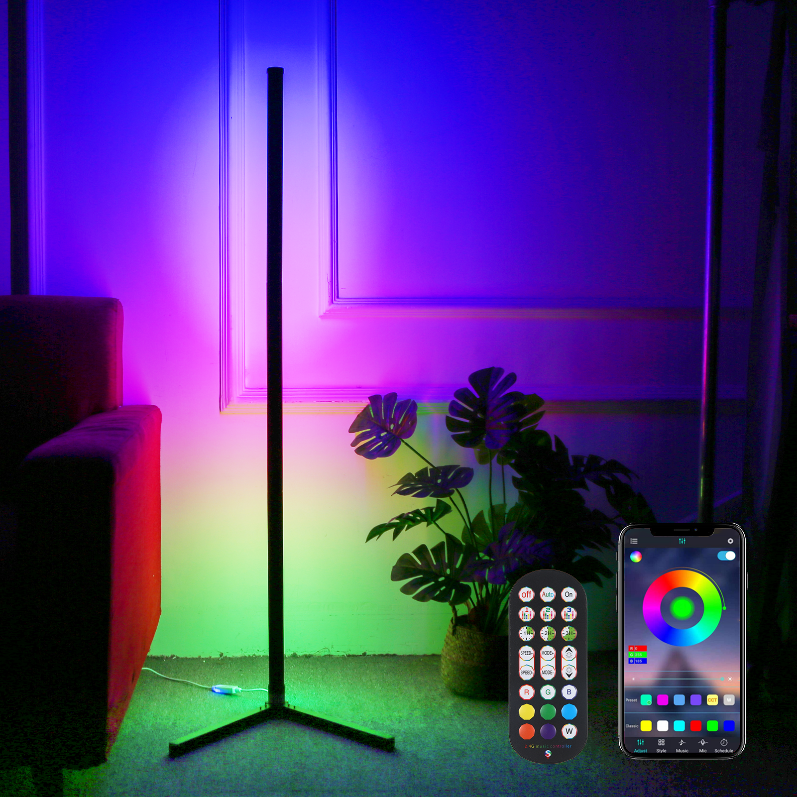 Neoglint Corner Floor Lamp, 49.6" RGB Color Changing LED Corner Light, Modern Music Sync Tall Standing Lamp with APP & Remote Control Floor Lamps for Living Room Bedroom Gaming Room