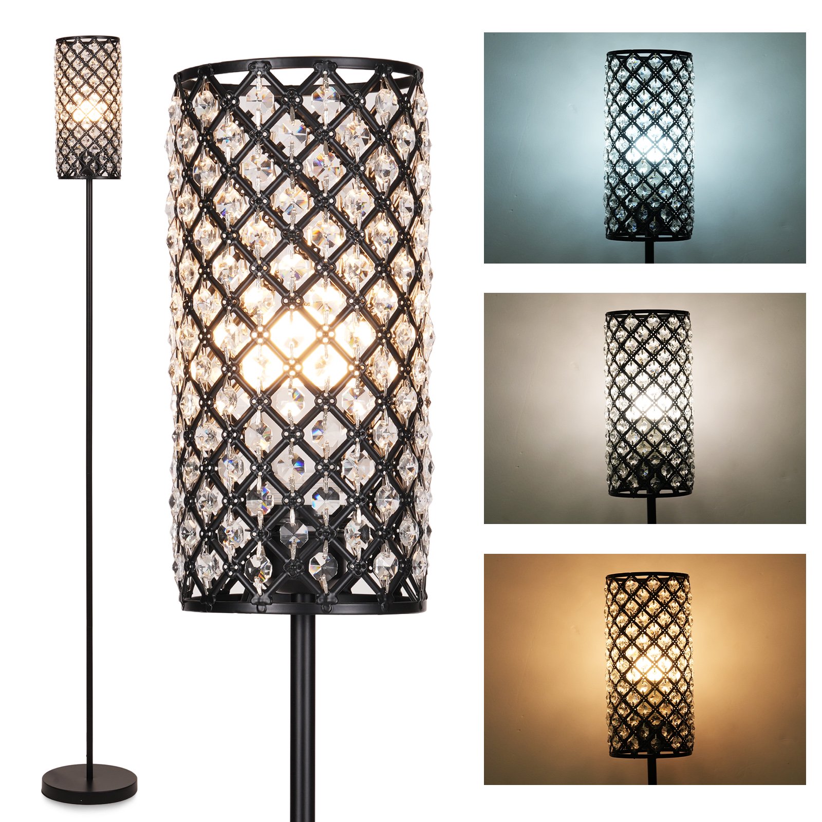 Neoglint Crystal Floor Lamp, Modern Standing Lamp with Crystal Shade and Bulb, Tall Lamp for Living Room, Bedroom, Office, Black
