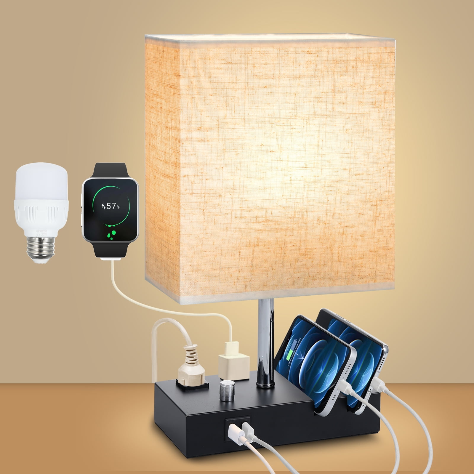 Neoglint Fabric Bedside Table Lamp Nightstand Lamp Touch Control Wireless Charger USB A Type-C Charging Ports with Phone Holder for Living Room