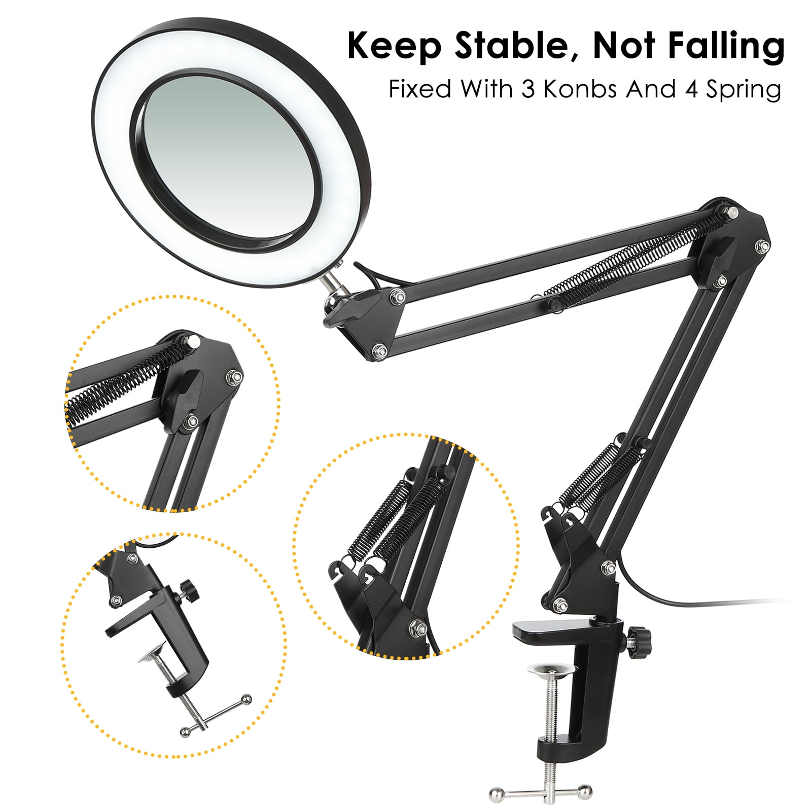 Neoglint Flexible Clamp-on Table Lamp with 8x Magnifier Swing Arm Dimmable LEDs Desk Light 3 Color Modes & 10 Brightness Levels Reading Working Studying Light