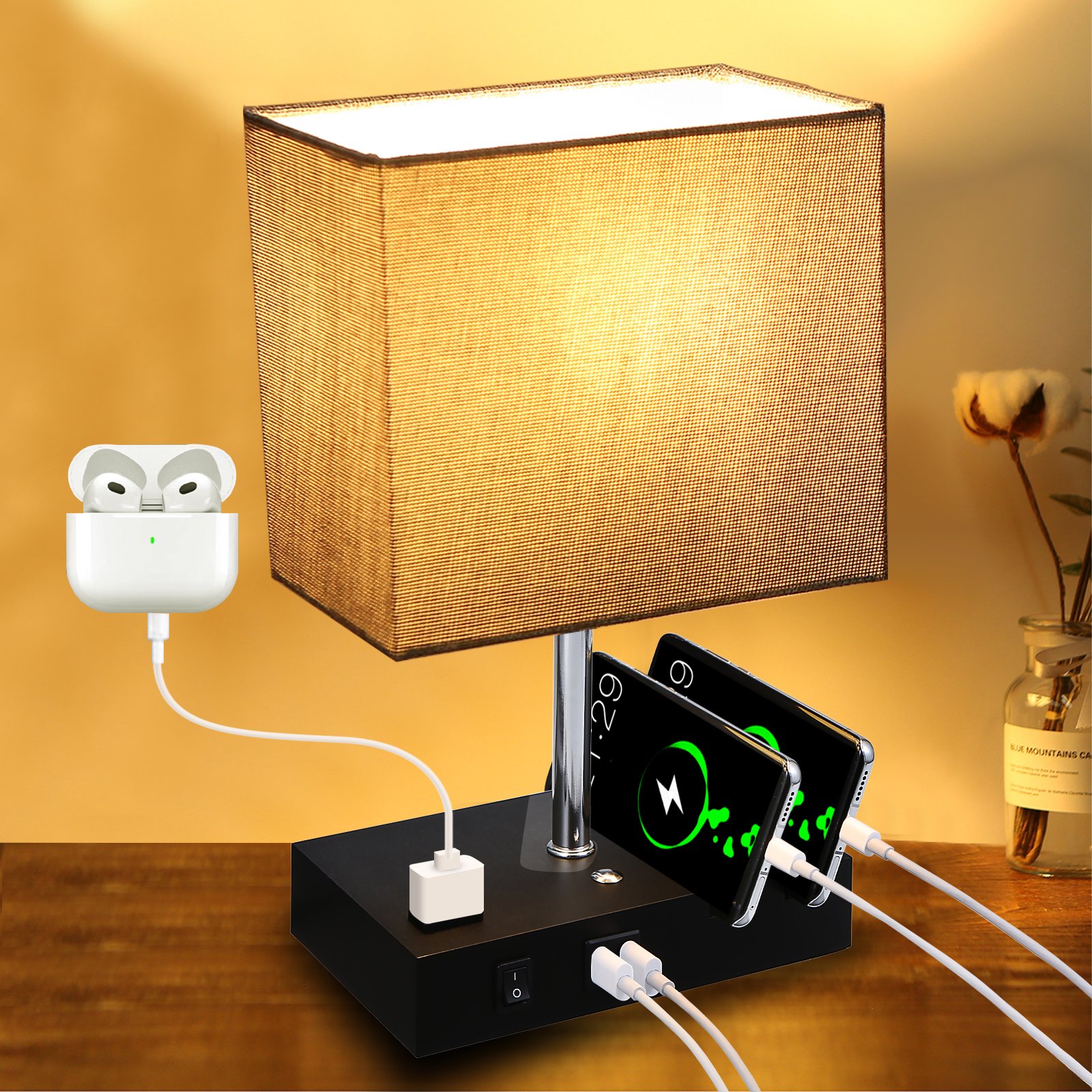 Neoglint Touch Control Table Lamp, 3 Way Dimmable Bedside Desk Lamps with 2 USB Charging Ports AC Outlets, Grey Fabric Shade Modern Nightlight for Bedroom Living Room Office