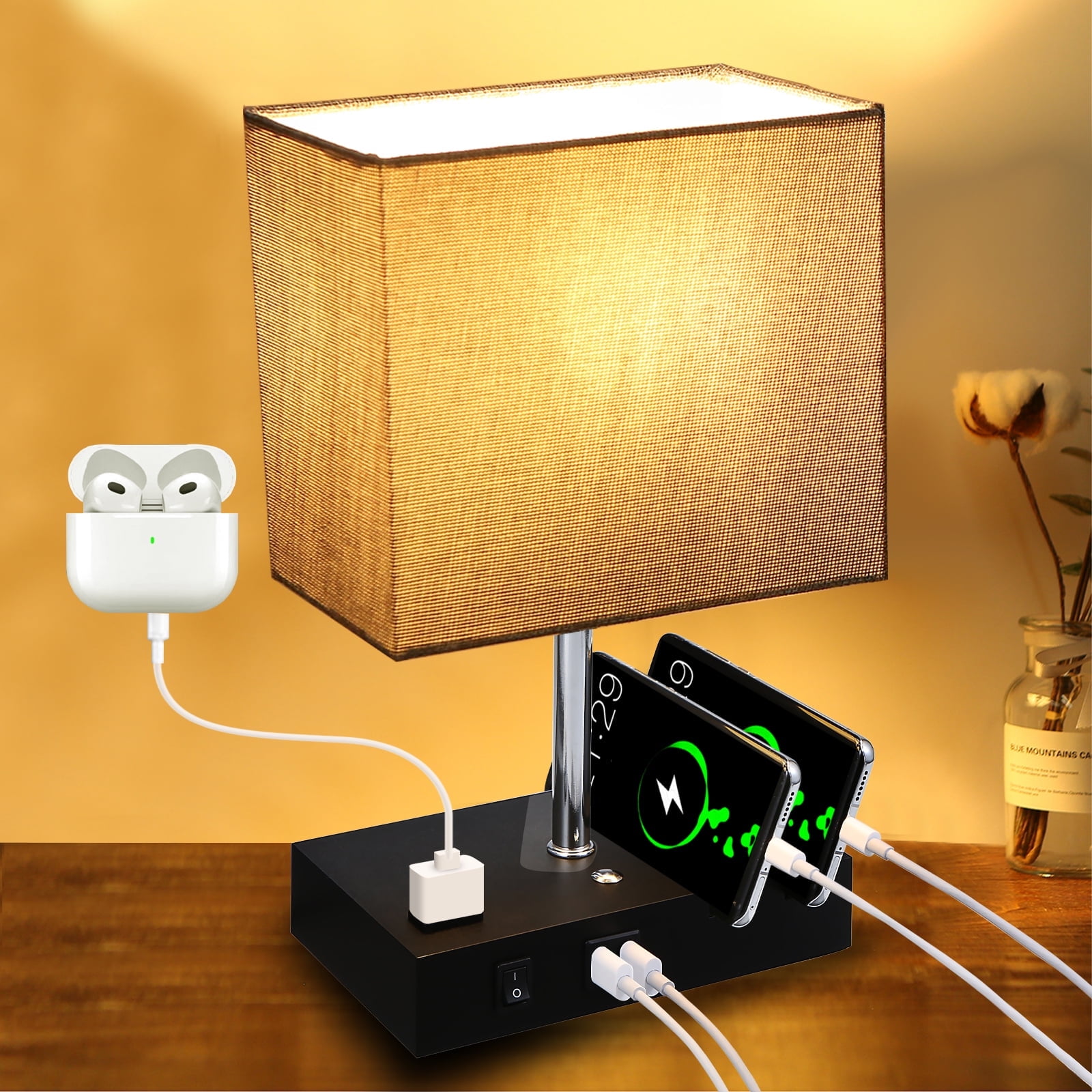 Neoglint Touch Control Table Lamp, 3 Way Dimmable Bedside Desk Lamps with 2 USB Charging Ports AC Outlets, Grey Fabric Shade Modern Nightlight for Bedroom Living Room Office
