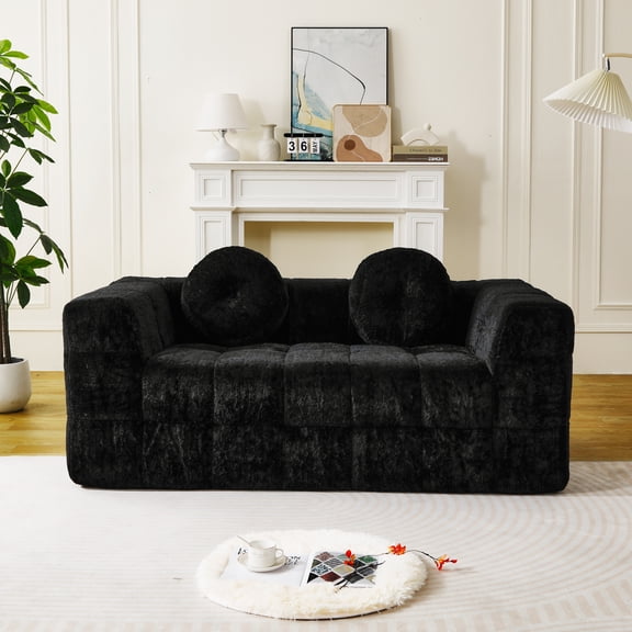 Neoko 2 Seater Boneless Couch with 2 Soft Pillows, Skin-Friendly Lychee-Textured Long-Pile Polyester Fabric, Cloud Sofa for Living Room, Bedroom, No Assembly, Black