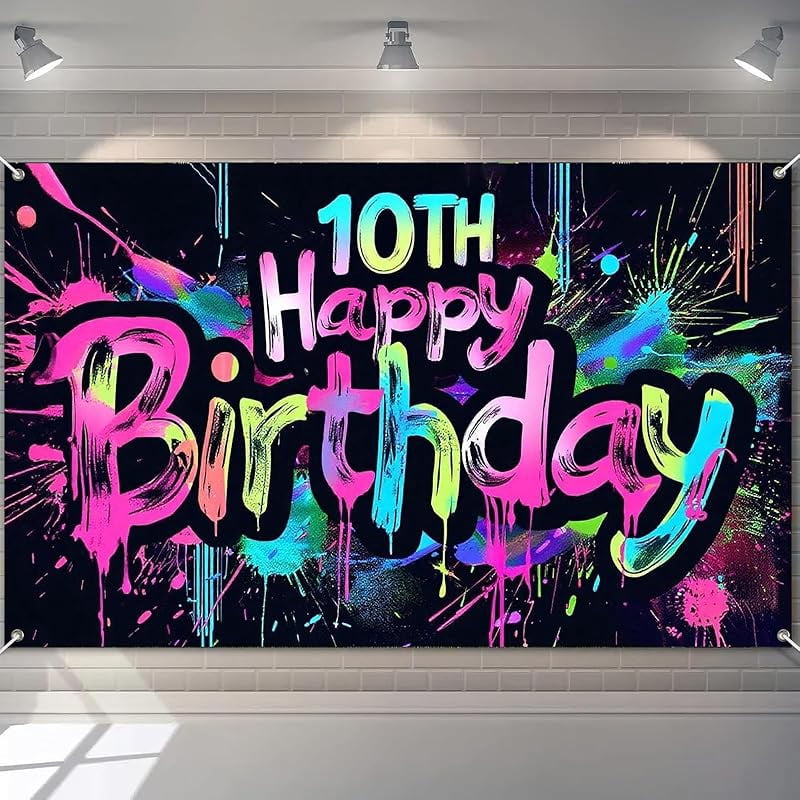Neon 10th Happy Birthday Banner - 71x43 Photography Backdrops, Party ...