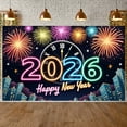 thumbnail image 1 of Neon 2026 New Year Banner Colorful Fireworks Happy New Year Display Clock Design City Night Scene New Year Eve Backdrop for New Year Eve Party 2026 Celebration Holiday Decoration, 1 of 8