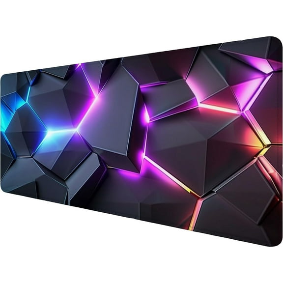 Neon 3D Geometry Desk Pad Mouse Pad Colorful Crack Cool Extended Gaming Mouse Pad Mat with Stitched Edge Non-Slip Base Big Mouse Pad Office Computer Keyboard Laptop Home 31.5"x11.8"