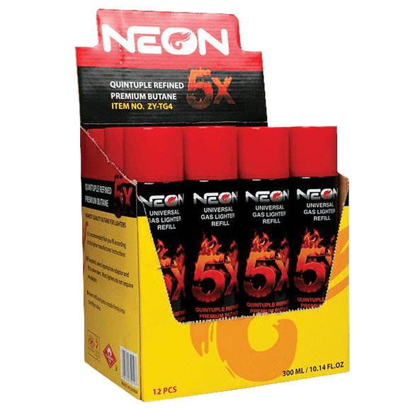 Neon 5x (12 pack) box Gas Refill Butane Universal Fluid Fuel Refined 300ml