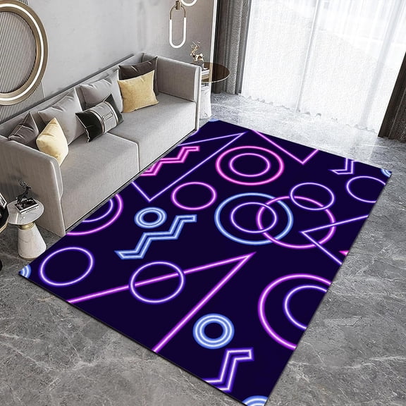 Neon 80S Area Rug, Dark Blue Geometry Non Slip Easy Care Bedroom Rugs, Breathable Durable Carpet for Indoor Study Living Room Office Decor Rug-5' x 8'