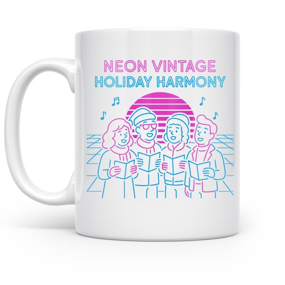 Neon 80s Holiday 11 oz Coffee Mug - Retro Synthwave Christmas White Ceramic Gift