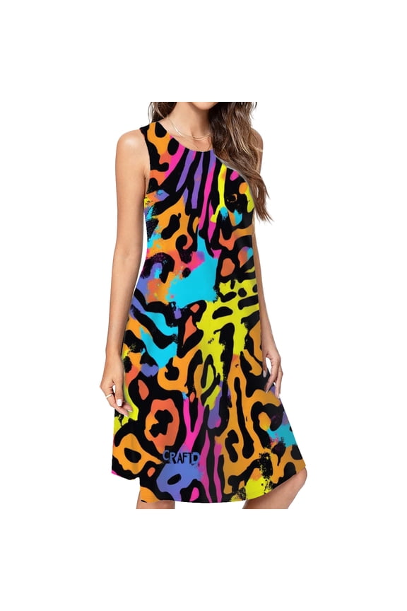 Neon Abstract Colorful Pattern Spring Summer Dresses For Women Fashion Dress Casual Sleeveless Loose Sundress With Pockets
