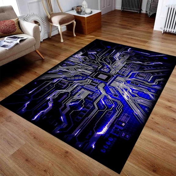 Neon Abstract Electronic Circuit Area Rug, Modern, Low Pile, Non-Slip, Stain Resistant, Machine Washable 2x3ft