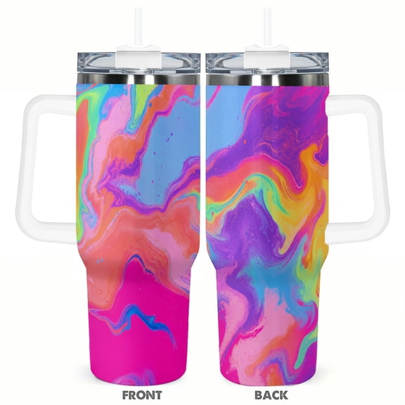 40oz Neon Abstract Fluid Marble Bright Rainbow Swirl Insulated Tumbler with Handle and Straw Travel Cup Car Cup