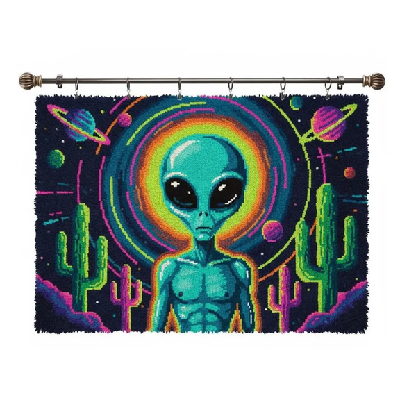 Neon Alien Desert Cactus Space Planet Rectangular Latch Hook Wall Hanging Rug Kit, Psychedelic UFO Galaxy DIY Tapestry Craft Set