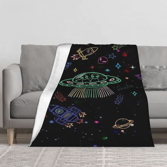 Neon Alien UFO Space Doodle Flannel Fleece Throw Blanket, Retro Cartoon Outer Space Sci-Fi Soft Cozy Lightweight Blanket, Y2K Space Teen Girls Home Decor Blanket for Sofa Bed