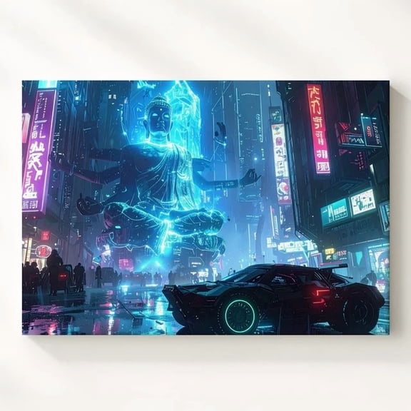 Neon Ascension Cyberpunk Car & Floating Monk In Futuristic City Wall Art Decor Art