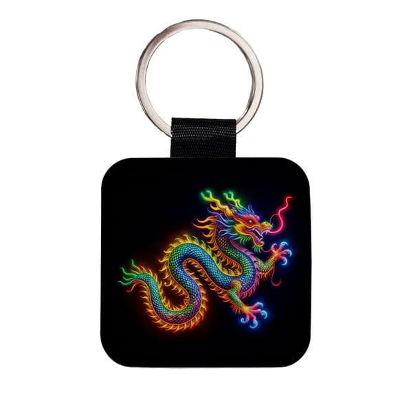 Neon Asian Dragon Faux Leather Square Keychain