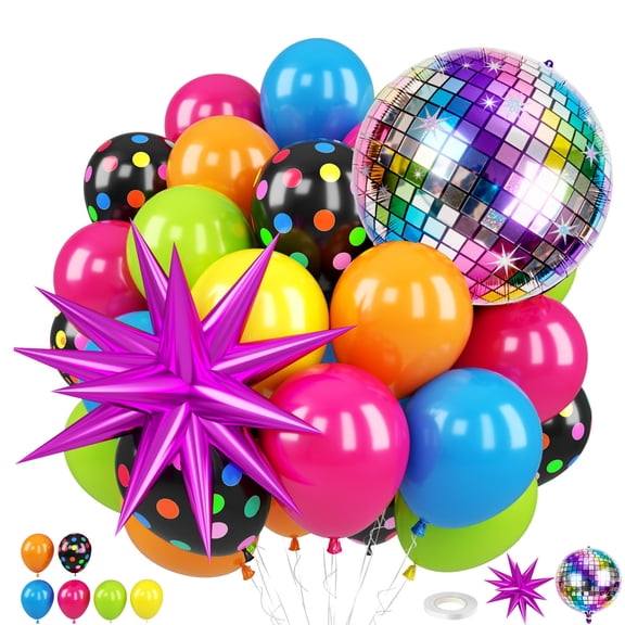 Neon Balloons, 80s 90s Disco Hot Pink Blue Green Orange Yellow Neon Dot Balloons with Star and Disco Ball Foil Balloons for 80s 90s Rock Theme Diso Party Decorations