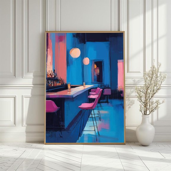 Neon Bar Scene Art Poster: Retro Cocktail Lounge Illustration, Size 12x18 UNFFRAMED F03.1.7l2138