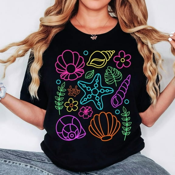 Neon Beach Shirt, Tropical Seashells Tee, Bright Summer Shirt, Starfish Coral Shirt, Coastal Vacation Shirt, Vibrant Beach Day Outfit