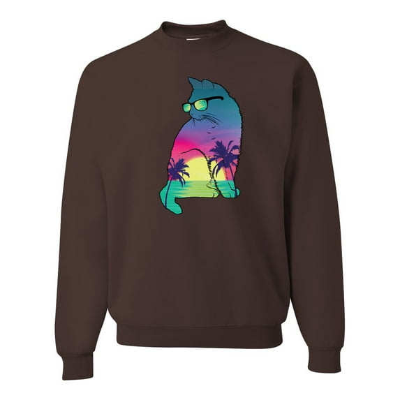 Neon Beach Sunset Cat California Vibes | Mens Animal Lover Crewneck Graphic Sweatshirt, Brown, 3XL
