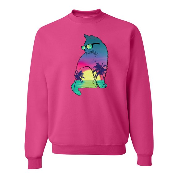 Neon Beach Sunset Cat California Vibes | Mens Animal Lover Crewneck Graphic Sweatshirt, Fuschia, Small
