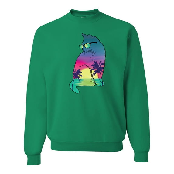 Neon Beach Sunset Cat California Vibes | Mens Animal Lover Crewneck Graphic Sweatshirt, Kelly, Large