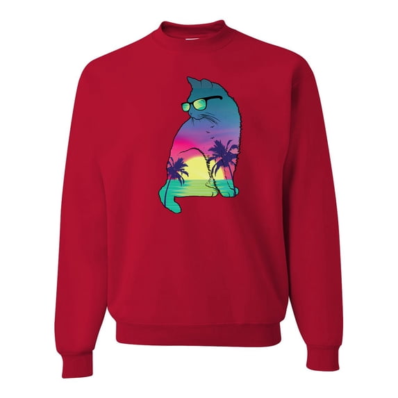Neon Beach Sunset Cat California Vibes | Mens Animal Lover Crewneck Graphic Sweatshirt, Red, 2XL