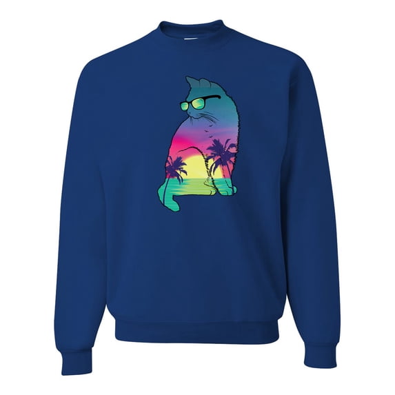 Neon Beach Sunset Cat California Vibes | Mens Animal Lover Crewneck Graphic Sweatshirt, Royal, 3XL