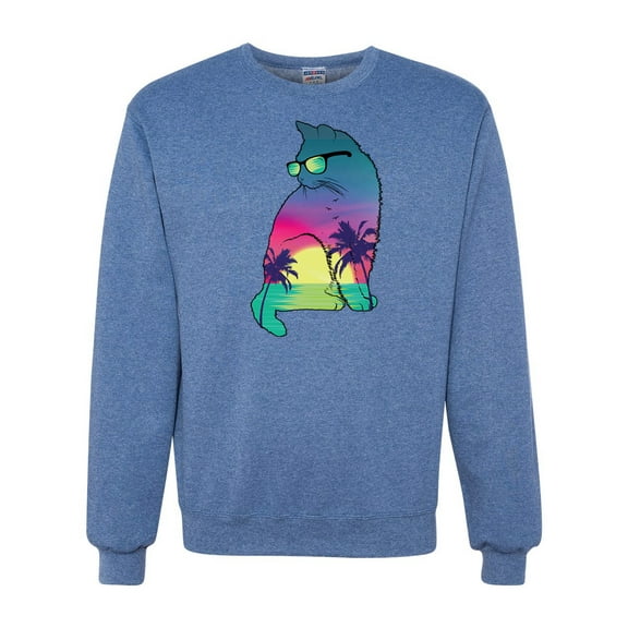 Neon Beach Sunset Cat California Vibes | Mens Animal Lover Crewneck Graphic Sweatshirt, Vintage Heather Blue, X-Large