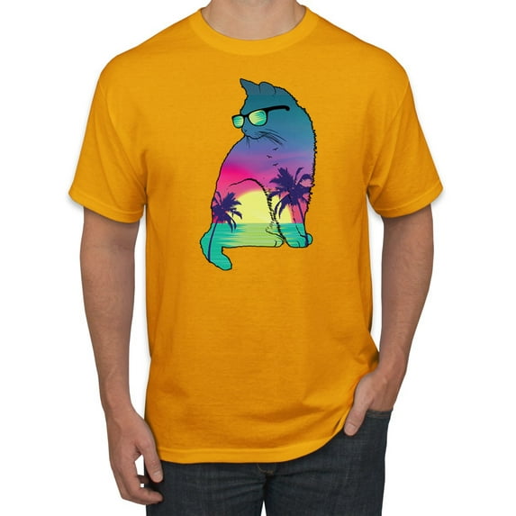 Neon Beach Sunset Cat California Vibes | Mens Animal Lover Graphic T-Shirt, Gold, 3XL