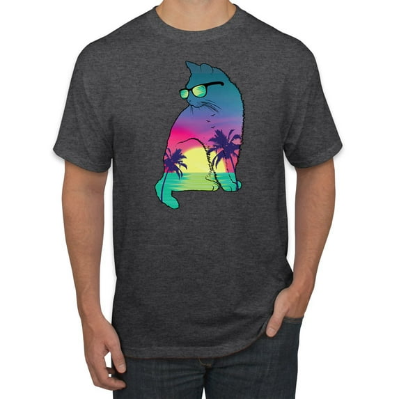Neon Beach Sunset Cat California Vibes | Mens Animal Lover Graphic T-Shirt, Heather Black, Medium