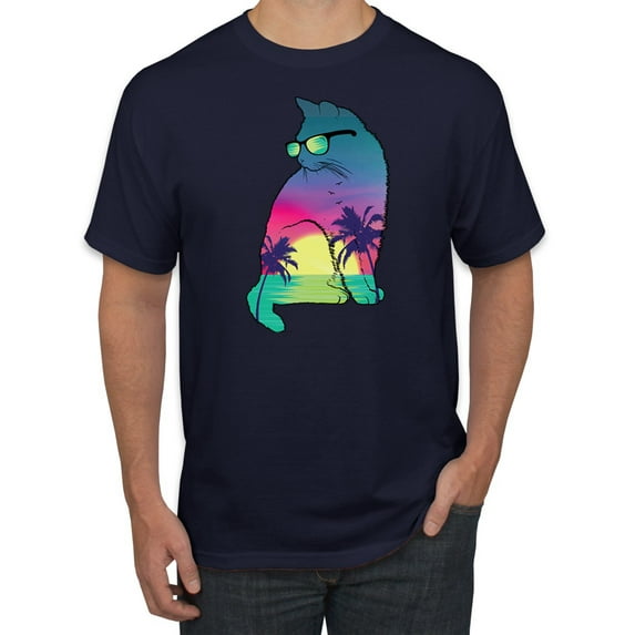 Neon Beach Sunset Cat California Vibes | Mens Animal Lover Graphic T-Shirt, Navy, Medium