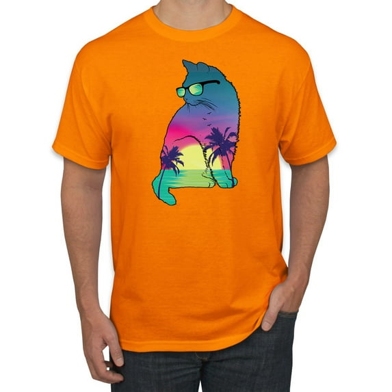 Neon Beach Sunset Cat California Vibes | Mens Animal Lover Graphic T-Shirt, Orange, 2XL
