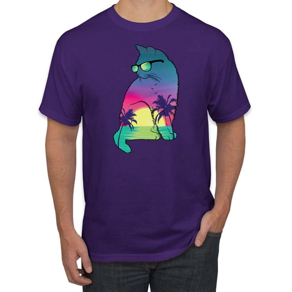 Neon Beach Sunset Cat California Vibes | Mens Animal Lover Graphic T-Shirt, Purple, 4XL