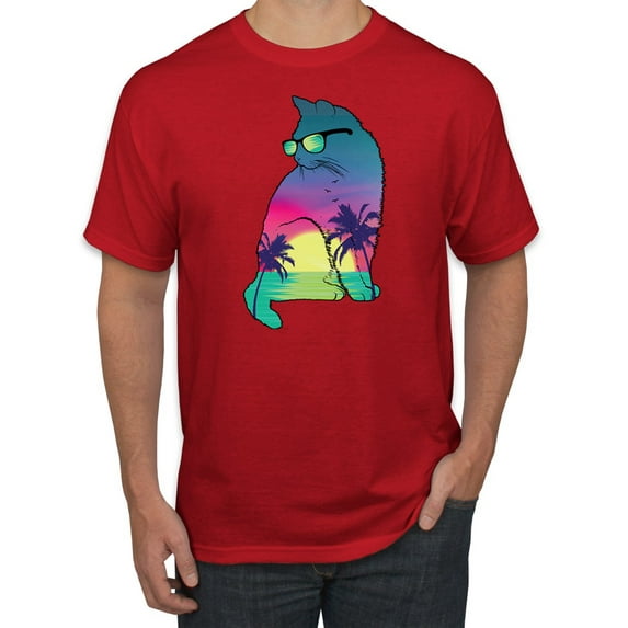 Neon Beach Sunset Cat California Vibes | Mens Animal Lover Graphic T-Shirt, Red, Large