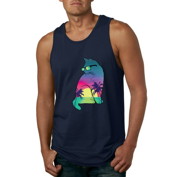 Neon Beach Sunset Cat California Vibes | Mens Animal Lover Graphic Tank Top, Navy, Small