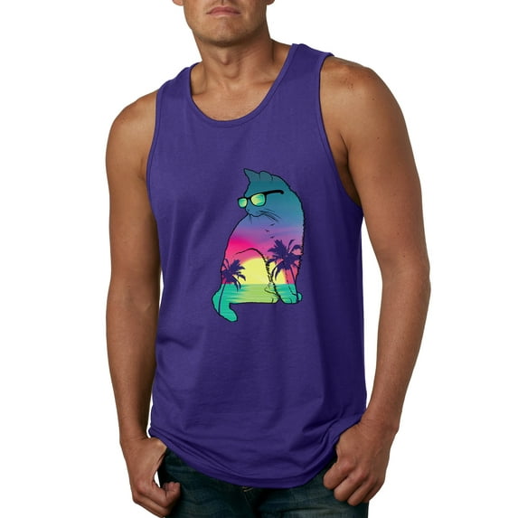 Neon Beach Sunset Cat California Vibes | Mens Animal Lover Graphic Tank Top, Purple, 2XL
