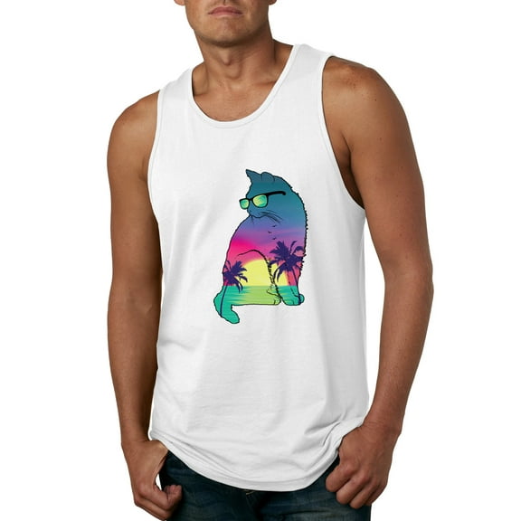 Neon Beach Sunset Cat California Vibes | Mens Animal Lover Graphic Tank Top, White, Medium